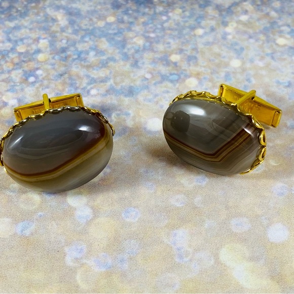 Vintage, gold tone, agate, cabochon men’s cufflinks - Picture 2 of 4